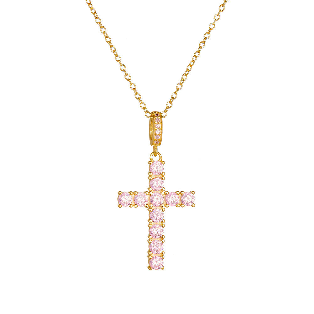 Women's light luxury pink cross silver necklace