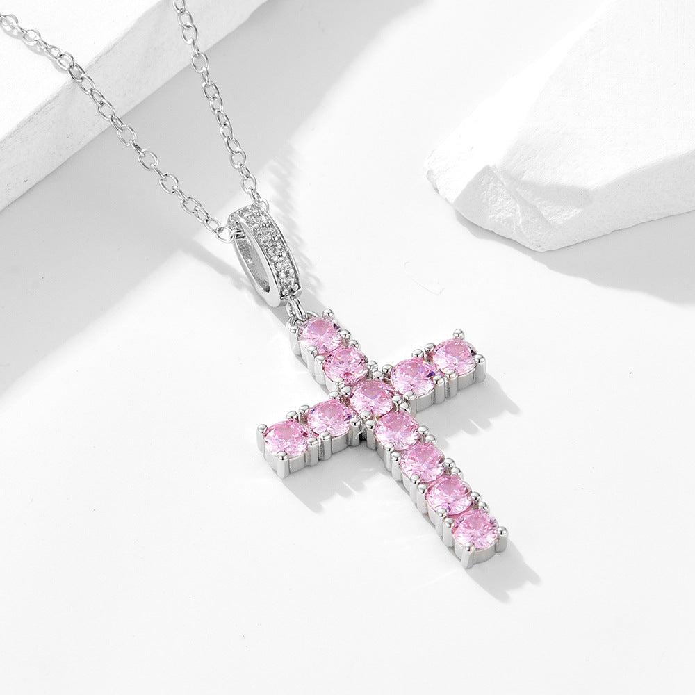 Women's light luxury pink cross silver necklace