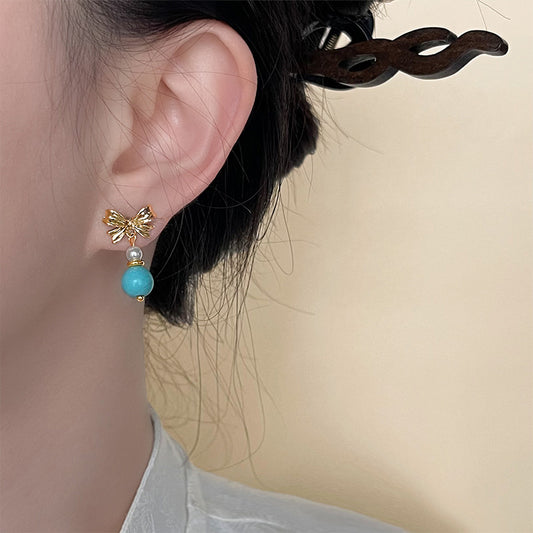 Handmade ethnic style bow turquoise earrings sweet and gentle pearl earrings high-end earrings