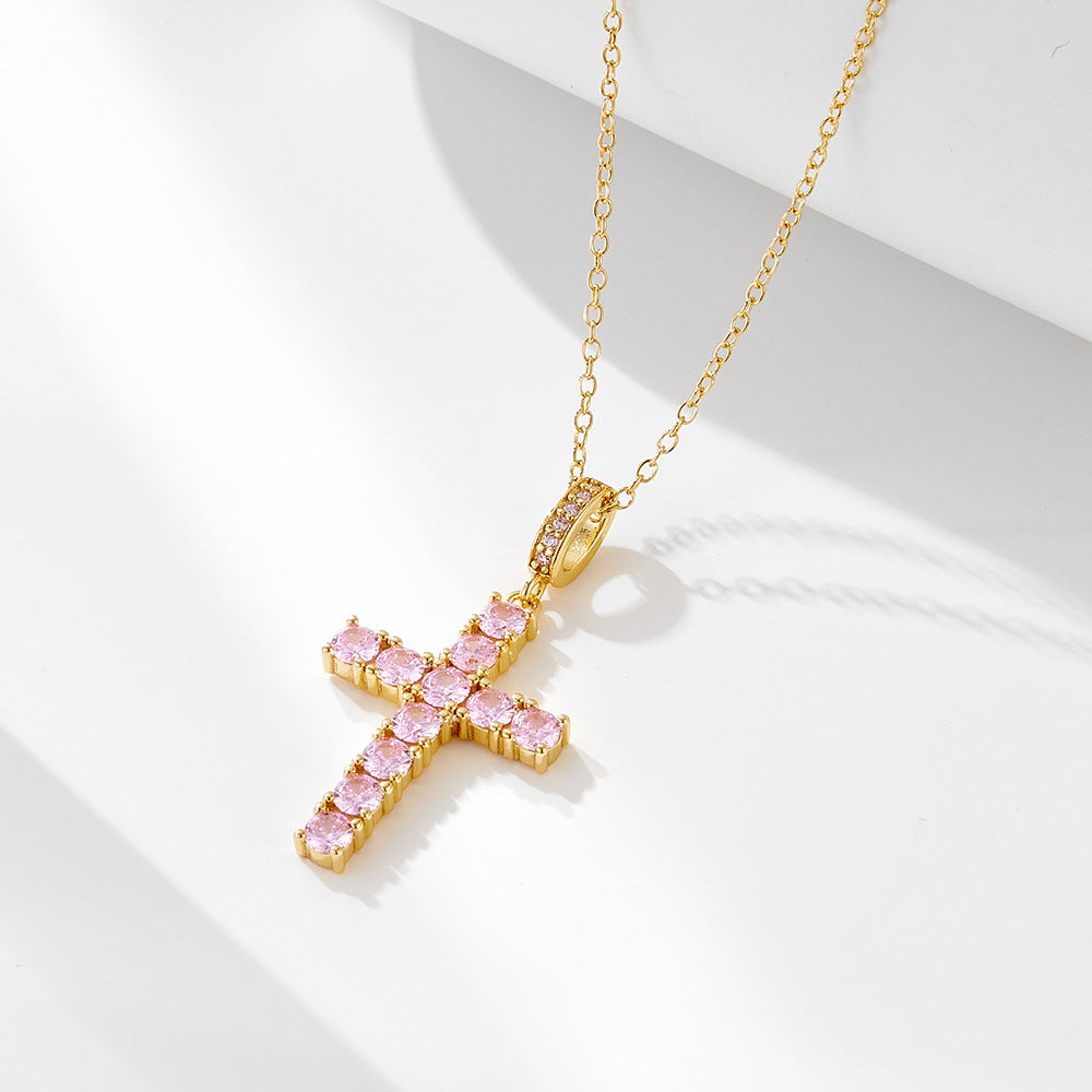 Women's light luxury pink cross silver necklace