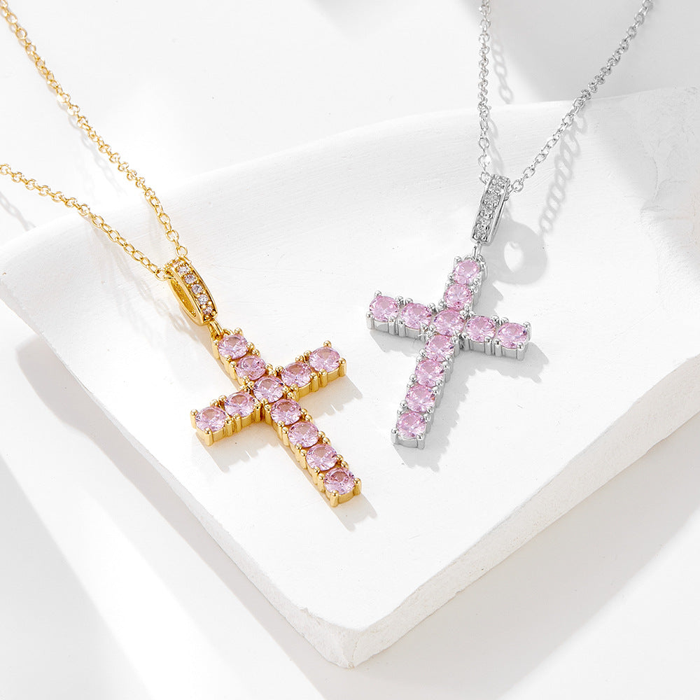 Women's light luxury pink cross silver necklace